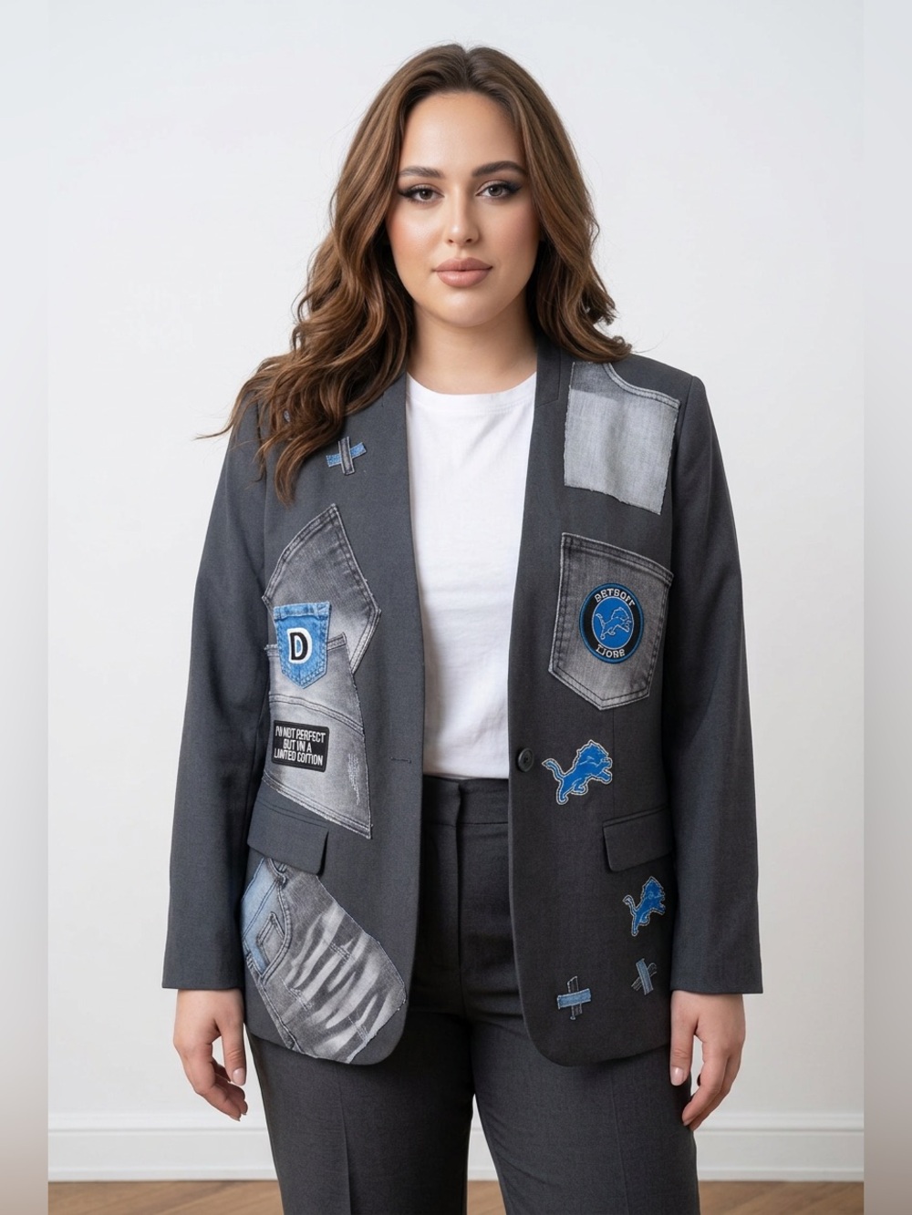 Upcycled DETROIT lions inspired Charcoal gray Patchwork Blazer size 2X/3X